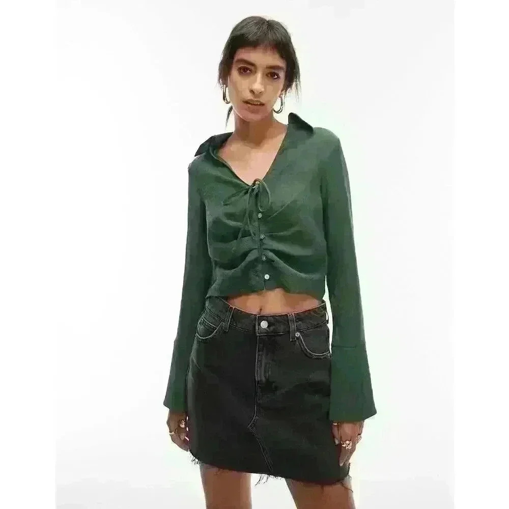 Topshop Button Down Cropped Blouse in bottle green Size 12